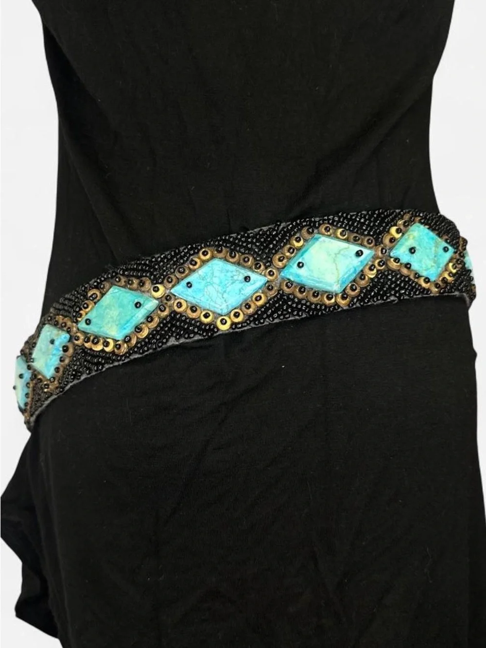 Vintage Hand-Beaded Black Belt with Turquoise Tile Accents